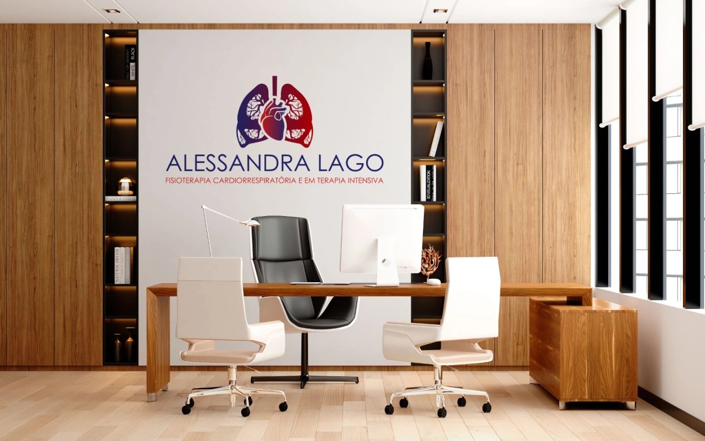 Logotipo para clínica de fisioterapia cardiorrespiratória Alessandra Lago aplicado em parede de consultório médico moderno.