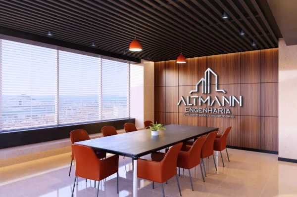 Identidade visual e criação de logo para a empresa Altmann Engenharia aplicada em parede de sala de reuniões corporativa.