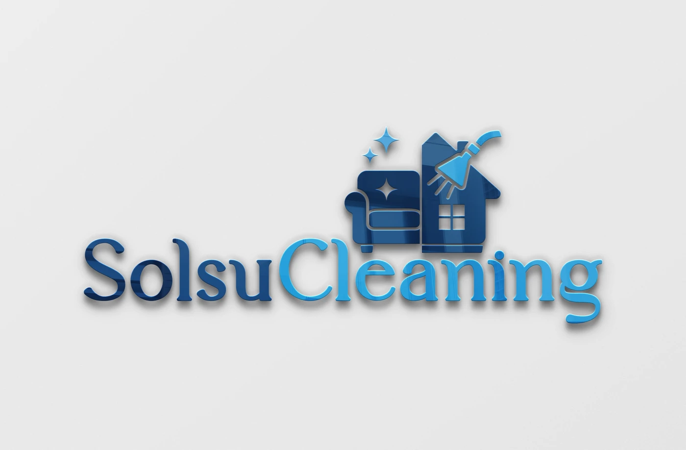 Logotipo da empresa Solsu Cleaning em tons de azul com ícones de casa, sofá e vassoura, representando limpeza profissional.