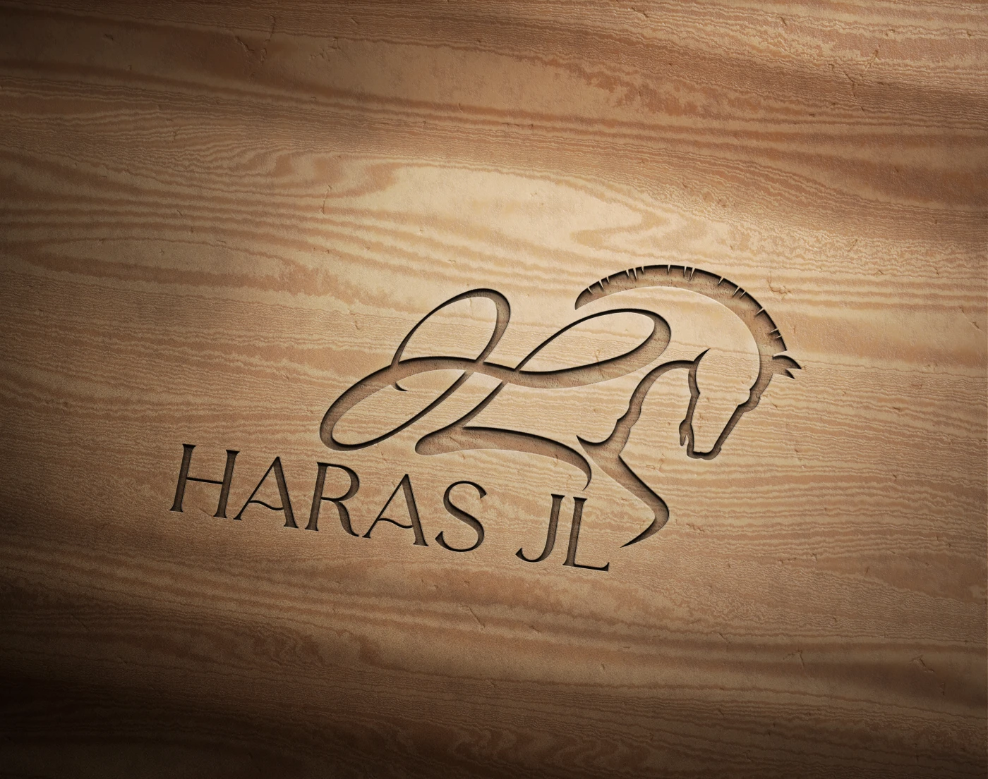Logotipo minimalista dourado do Haras JL com silhueta de cavalo integrada às letras J e L.