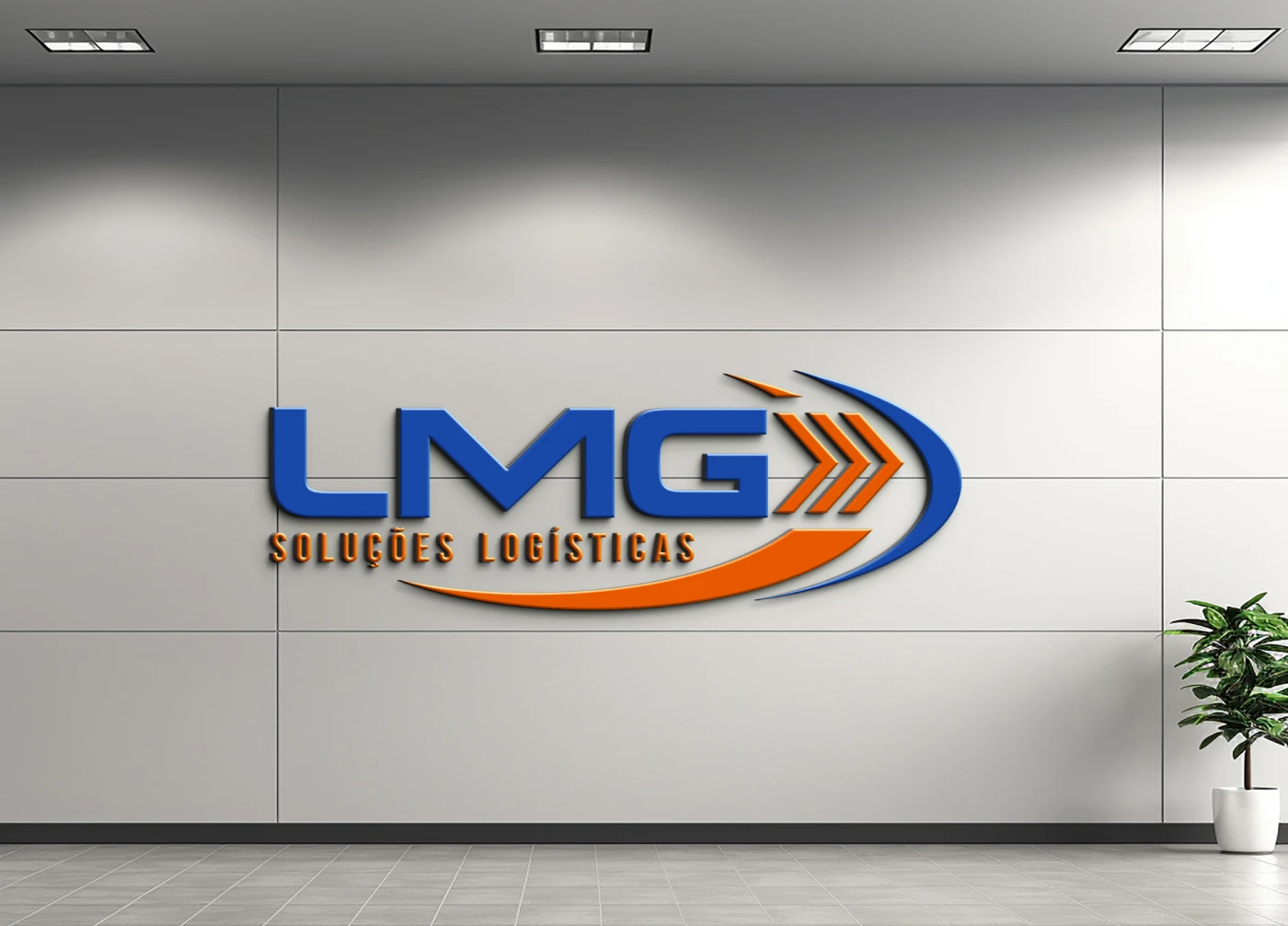Logotipo LMG Soluções Logísticas aplicado em parede corporativa cinza, exibindo cores azul e laranja e design moderno.