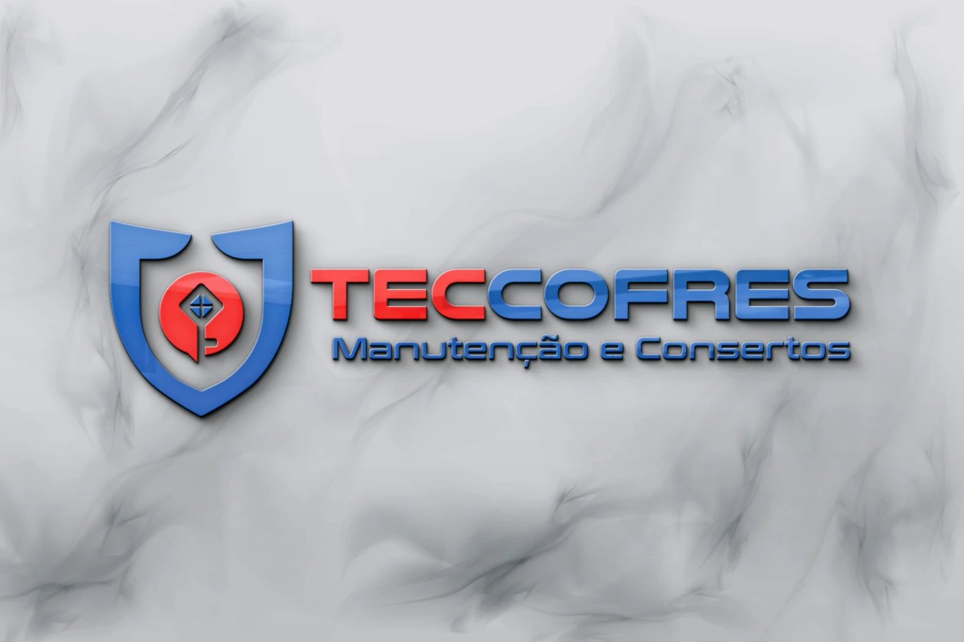 Logotipo TecCofres Manutenção e Consertos exibindo um escudo azul com ícone de chave vermelha sobre fundo esfumaçado.