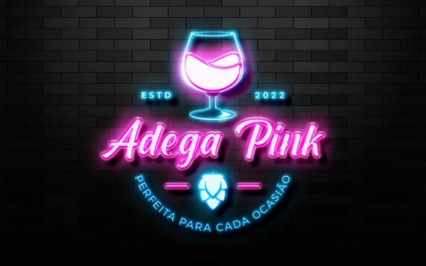Criação de logo para adega com letreiro luminoso em estilo neon rosa e azul para a marca Adega Pink.