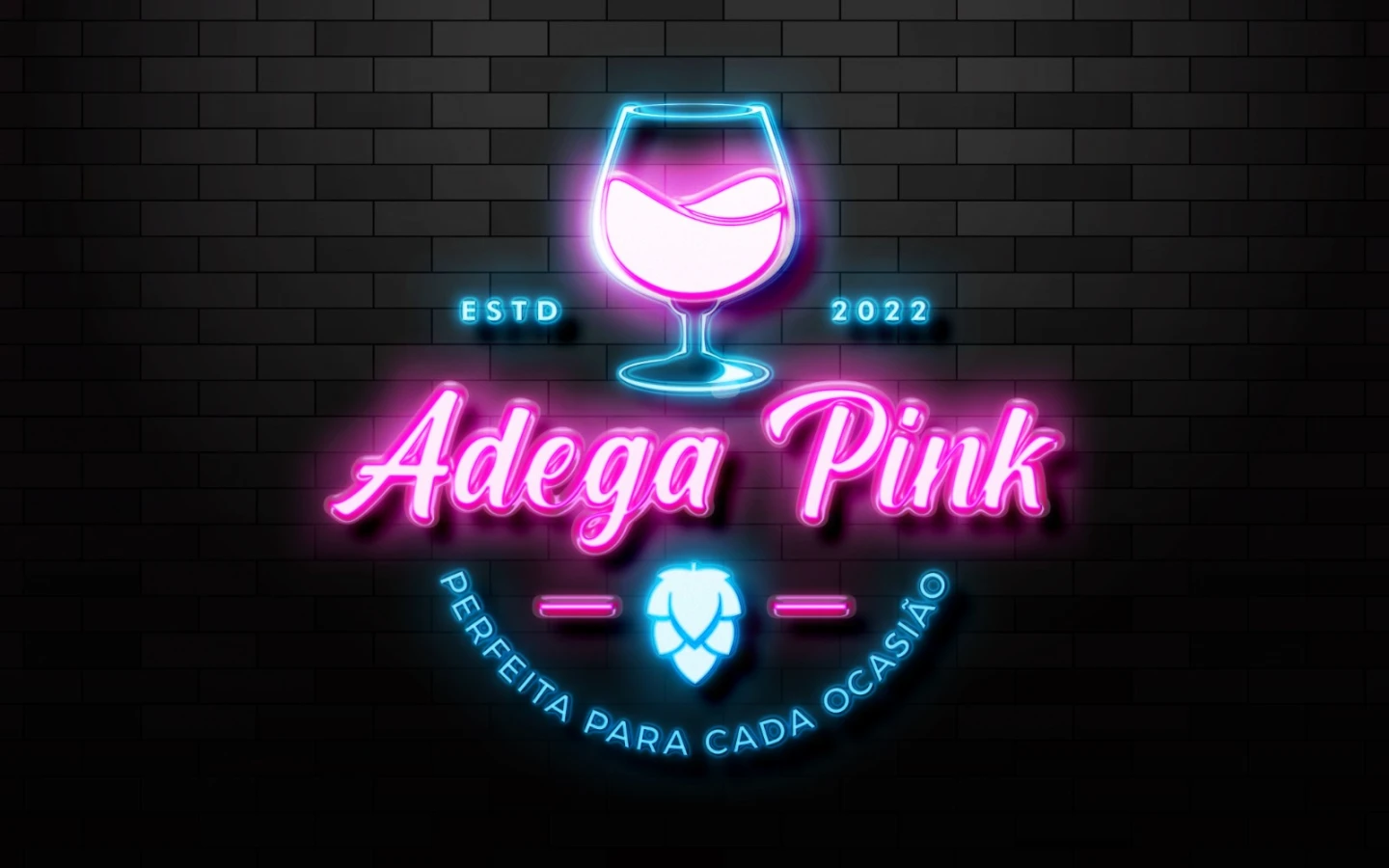 Criação de logo para adega com letreiro luminoso em estilo neon rosa e azul para a marca Adega Pink.