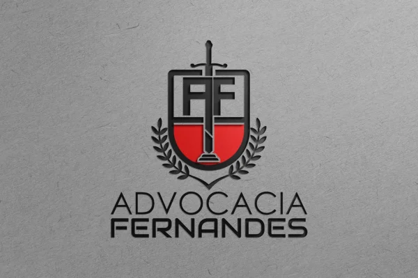 Logotipo moderno criado para Advocacia Fernandes com símbolo de escudo, espada e iniciais AF em fundo cinza texturizado.