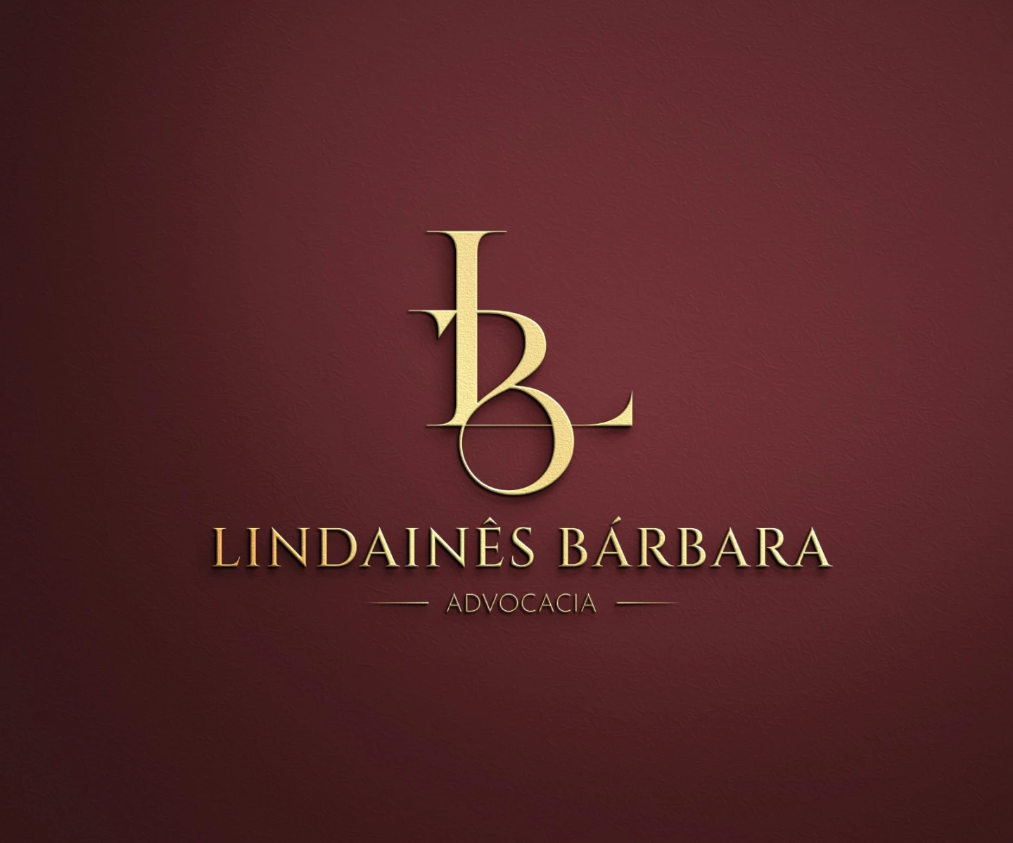 Logotipo elegante em tom dourado com as iniciais L e B entrelaçadas para Lindainês Bárbara Advocacia sobre fundo bordô.