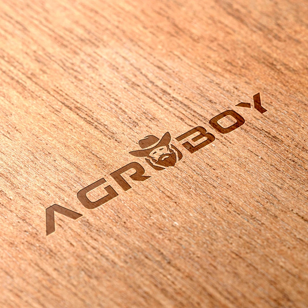 Logotipo Agroboy com ícone de homem com chapéu de caubói integrado à tipografia moderna em relevo sobre textura de madeira, representando criação de logo para agronegócio.