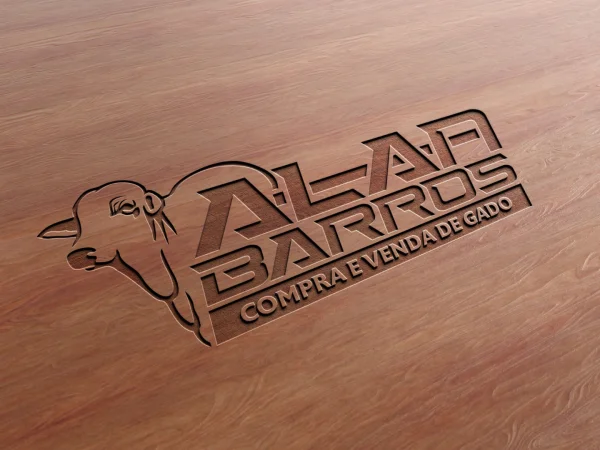 Logotipo Alan Barros Compra e Venda de Gado aplicado em textura de madeira simulando relevo, demonstrando criação de logo para agronegócio.
