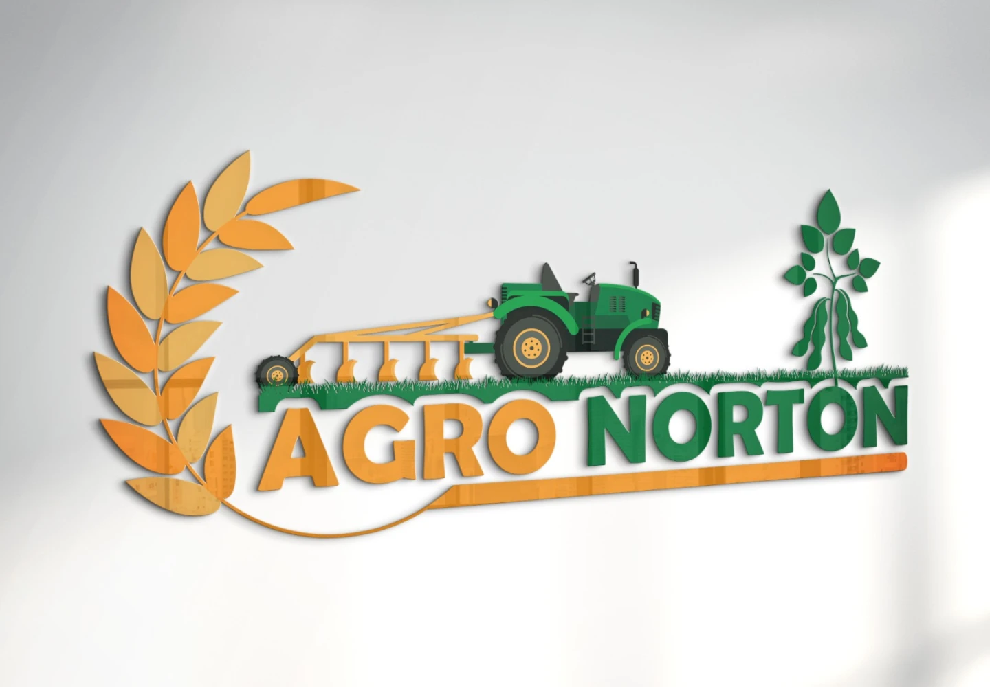 Logotipo Agro Norton em fundo cinza claro exibindo ramos de trigo, trator e folha de soja, representando a criação de logo para agronegócio.
