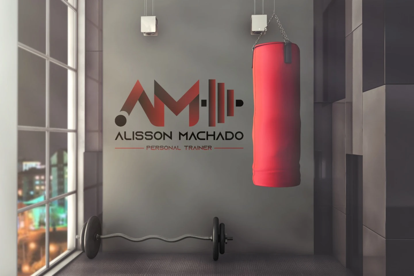 Logotipo moderno aplicado em parede de estúdio fitness para o projeto de criação de logo para Personal Trainer Alisson Machado.