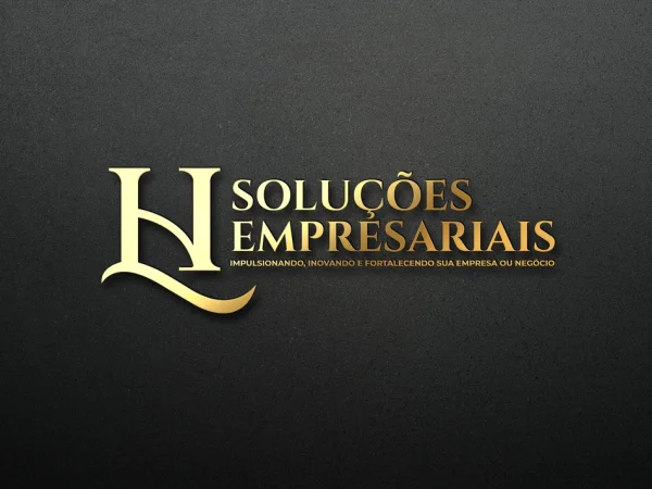 Logotipo dourado metálico para LH Soluções Empresariais sobre fundo escuro, foco em design de logo para assessoria.