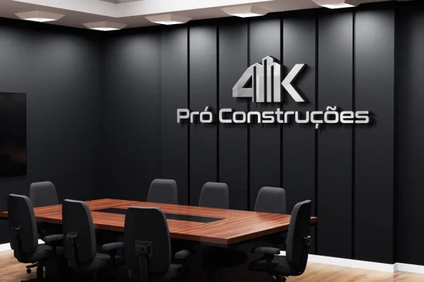 Logotipo Pró Construções em relevo cromado aplicado sobre painel ripado preto em sala de reuniões.