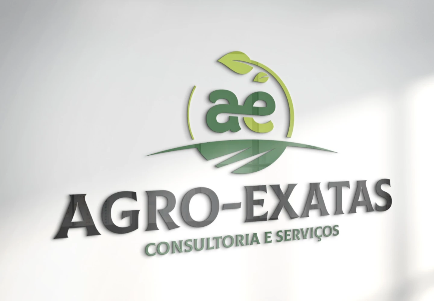 Logotipo em relevo cinza e verde da empresa Agro-Exatas Consultoria e Serviços aplicado em parede branca texturizada — criação de logo.