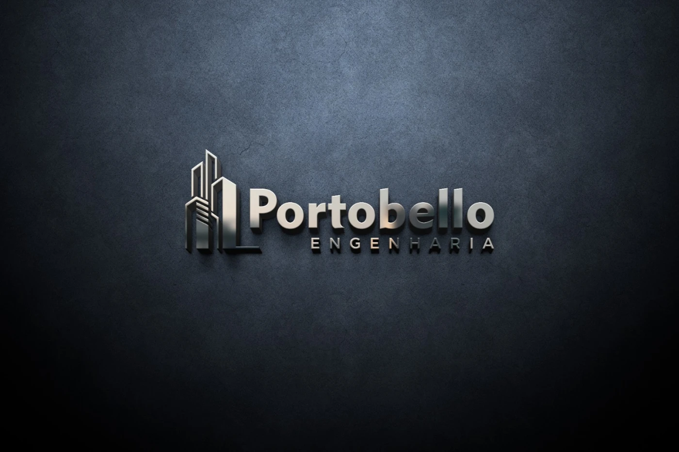 Logotipo metalizado da Portobello Engenharia com ícone de prédios modernos sobre fundo escuro.