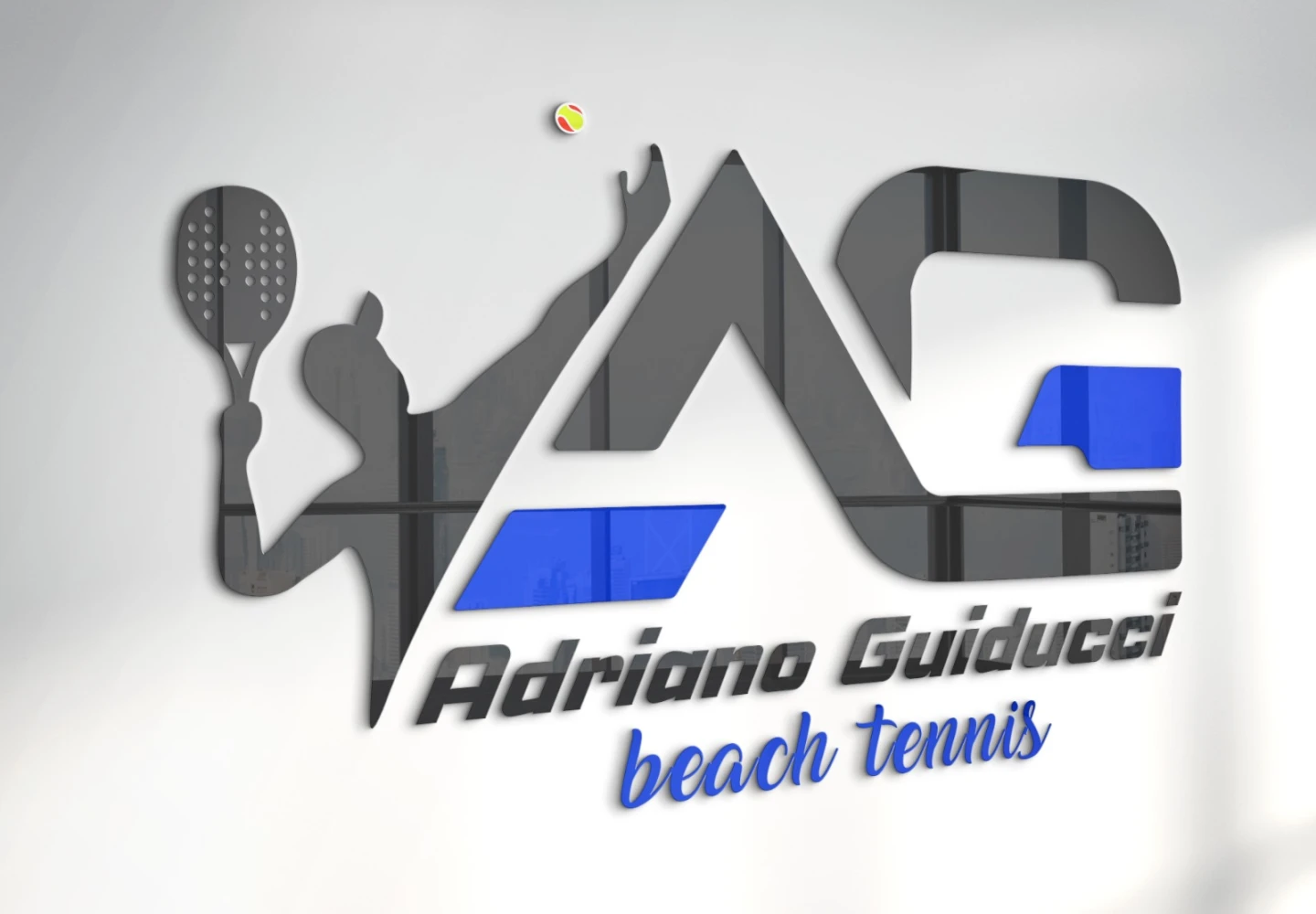 Logotipo moderno Adriano Guiducci Beach Tennis integrado com silhueta de jogador aplicando criação de logo para esportes.