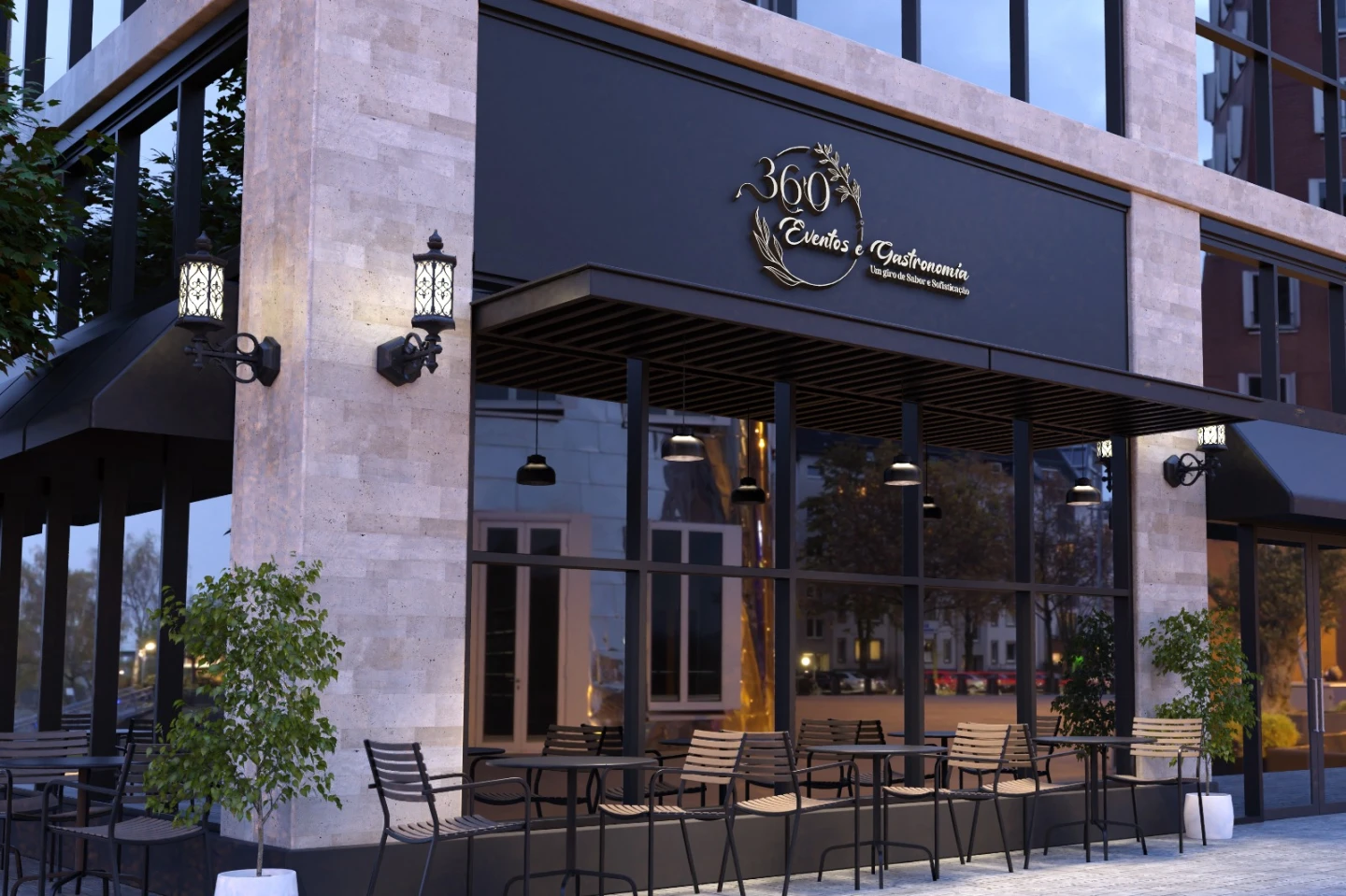 Fachada comercial moderna exibindo logotipo dourado da 360 Eventos e Gastronomia aplicado em painel preto, ilustrando o serviço de criação de logo para gastronomia.
