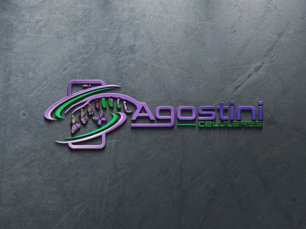 Logotipo em relevo 3D da Agostini Celulares integrado à silhueta de um smartphone e metamorfose de borboleta roxa e verde - Criação de logo para loja de celulares.