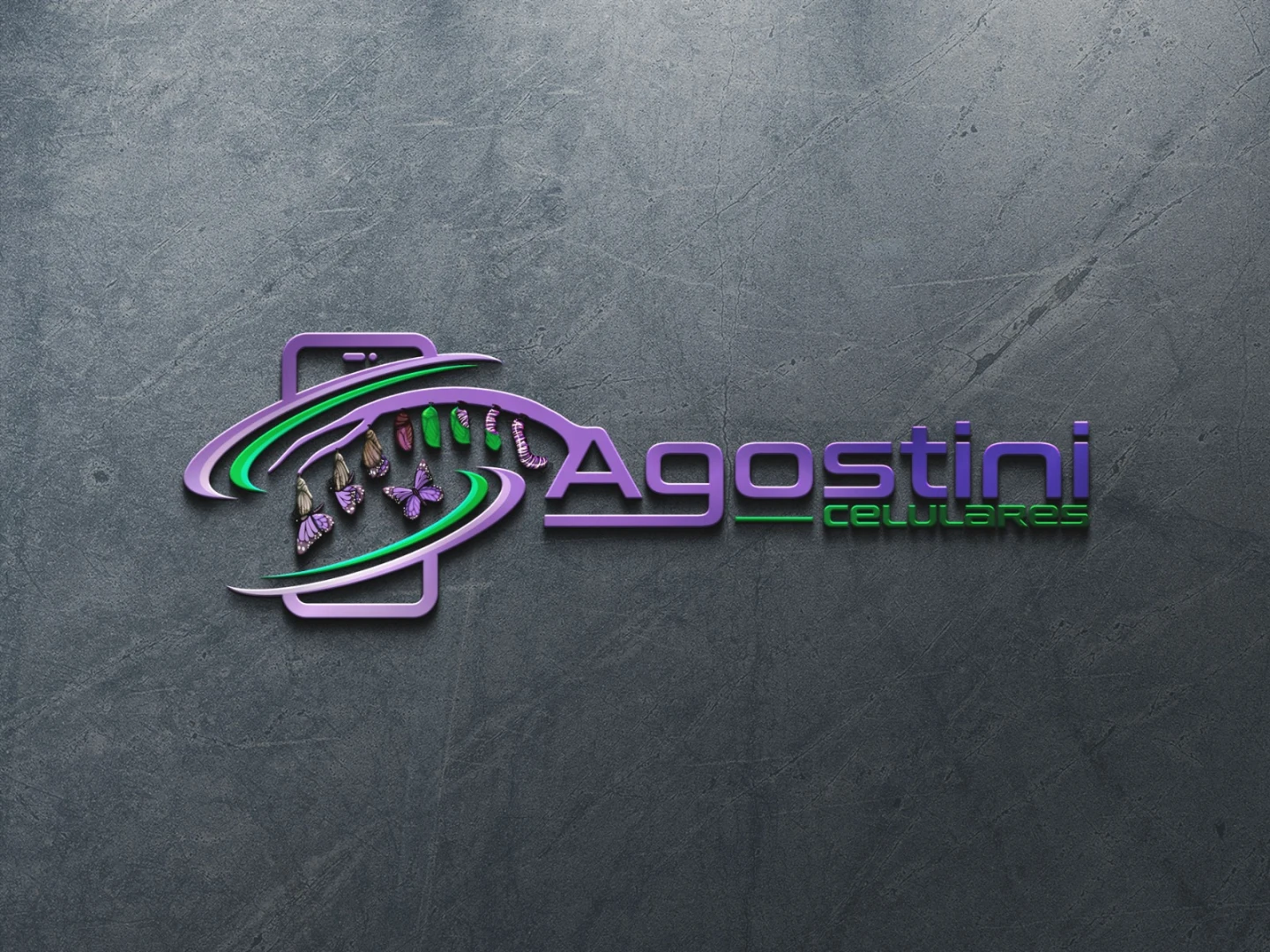 Logotipo em relevo 3D da Agostini Celulares integrado à silhueta de um smartphone e metamorfose de borboleta roxa e verde - Criação de logo para loja de celulares.