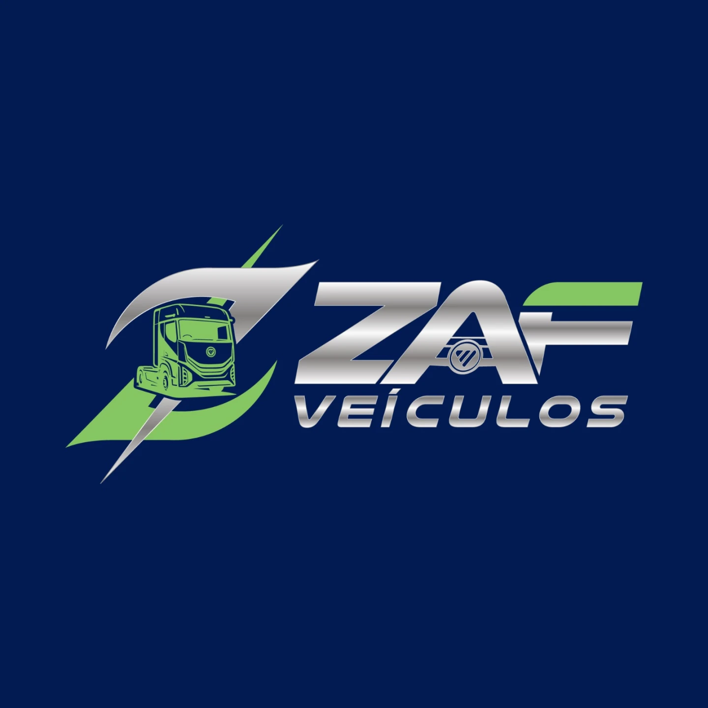 Logotipo moderno da ZAF Veículos em tom prateado e verde para loja de veículos
