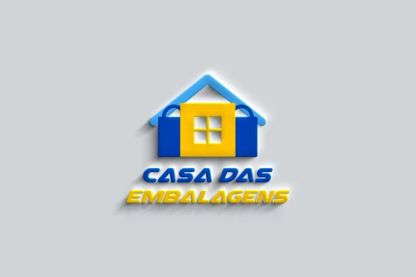 Logotipo 3D Casa das Embalagens com ícone em formato de casa e sacolas de compras em azul e amarelo, ideal para criação de logo para lojas.