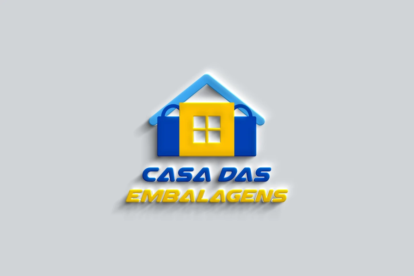 Logotipo 3D Casa das Embalagens com ícone em formato de casa e sacolas de compras em azul e amarelo, ideal para criação de logo para lojas.