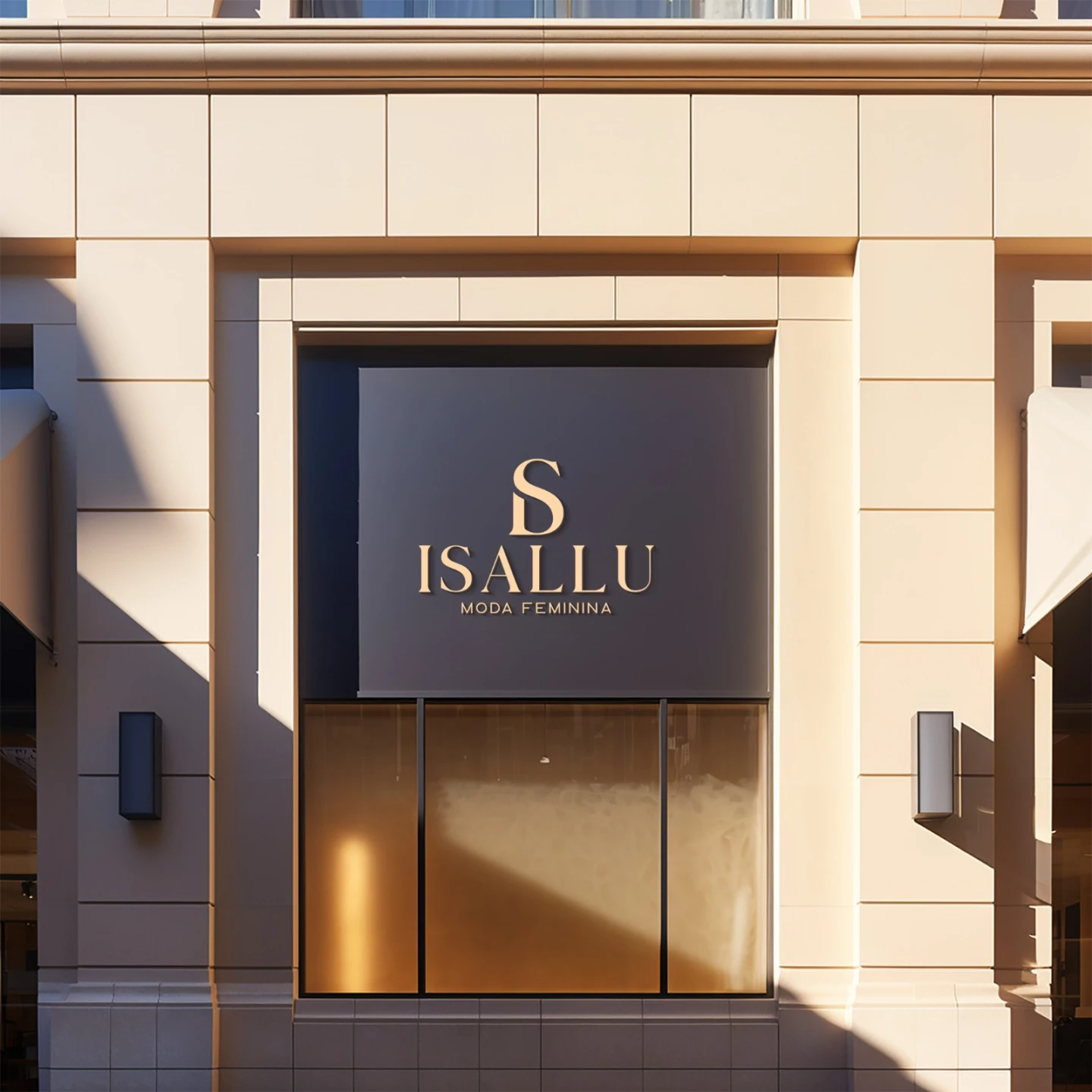 Logotipo dourado Isallu Moda Feminina aplicado na fachada de uma loja elegante