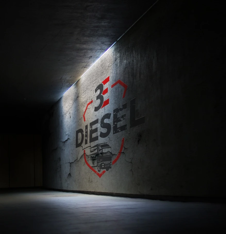 Logotipo da marca 3E Diesel aplicado em relevo e textura realista sobre parede de concreto escura com iluminação direcionada para criação de logo para oficina mecânica.