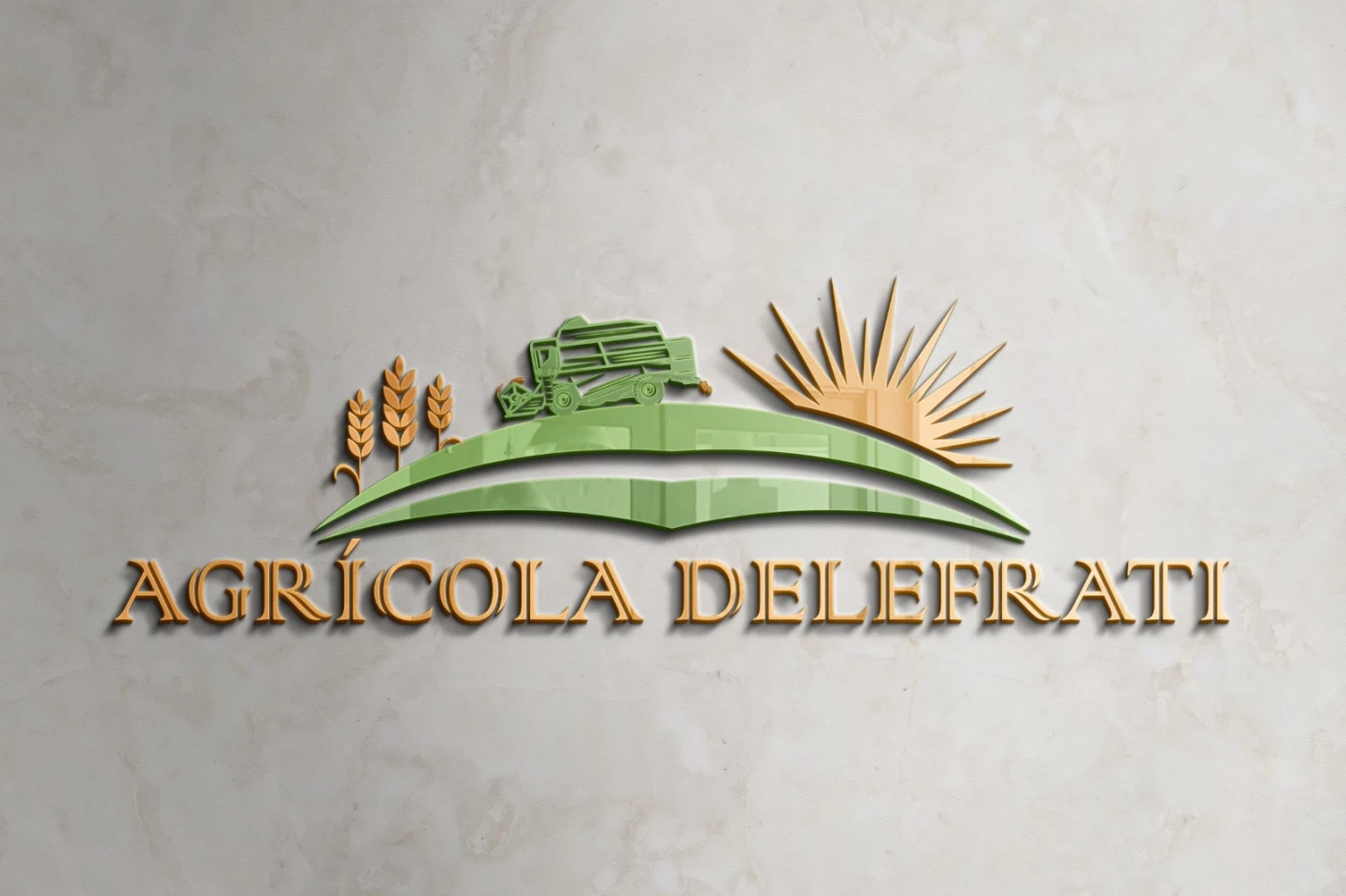 Identidade visual da marca Agrícola Delefrati exibindo trigo dourado, maquinário agrícola e sol nascente sob relevo verde.