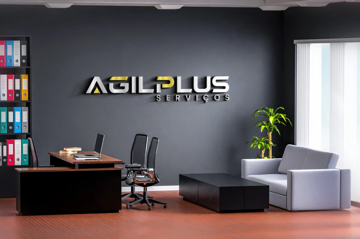 Logotipo moderno tridimensional Agilplus Serviços aplicado em parede cinza de recepção corporativa — Criação de logo para serviços gerais.