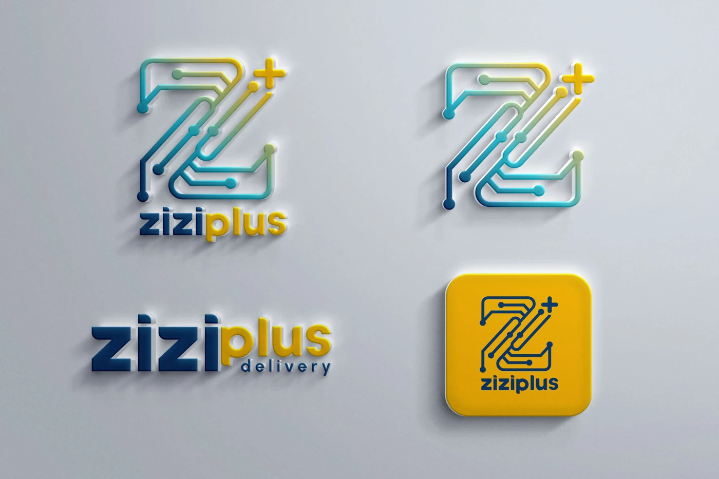 Logomarca ZiziPlus Delivery — identidade visual com símbolo em circuito eletrônico azul e amarelo para aplicativo de entregas