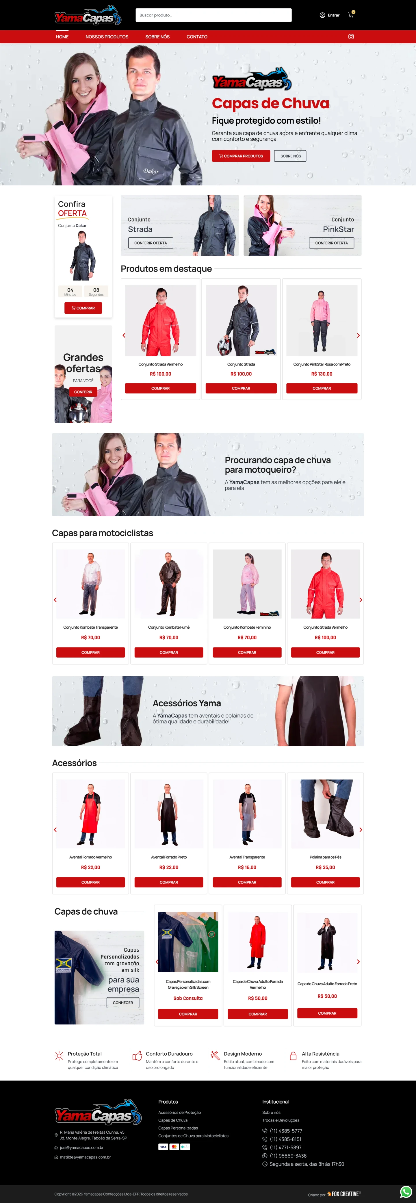 Interface da loja virtual Yama Capas com destaque para capas de chuva e acessórios para motociclistas.