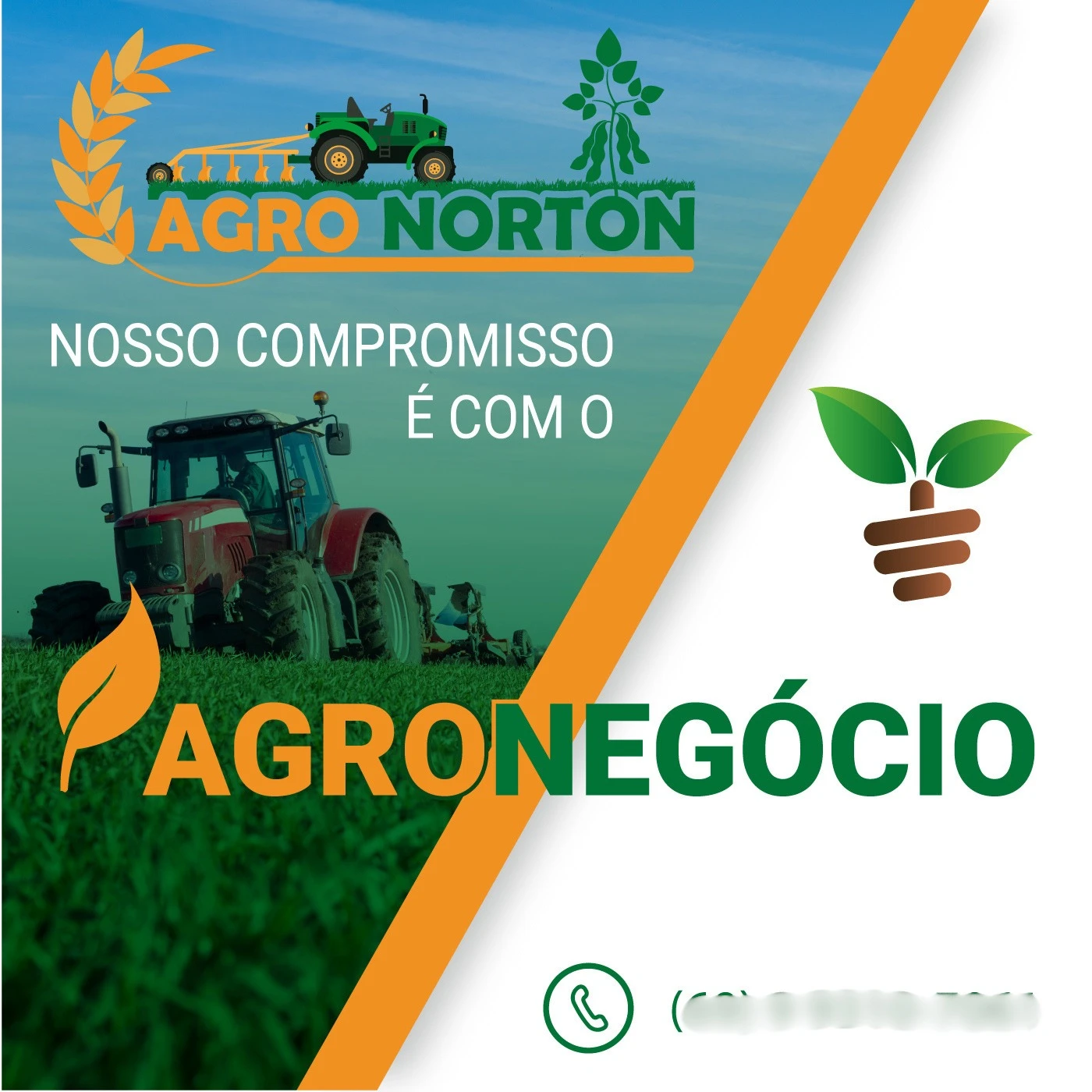 Arte digital profissional de criação de mídias sociais para agro com trator em campo verde e tipografia estratégica da Agro Norton.