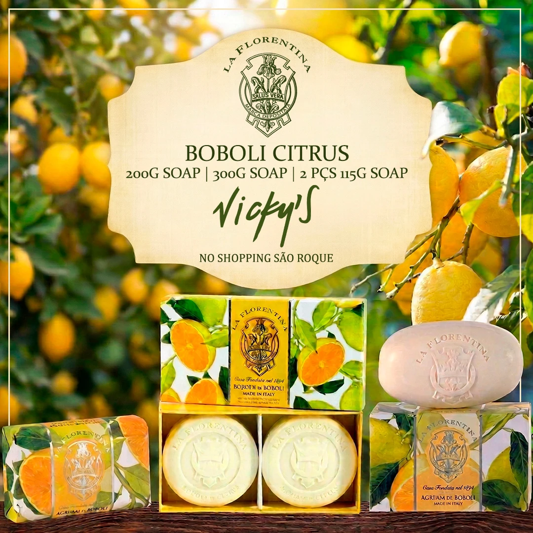 Arte para mídias sociais da loja Vicky's apresentando sabonetes italianos La Florentina com tema de limão siciliano.