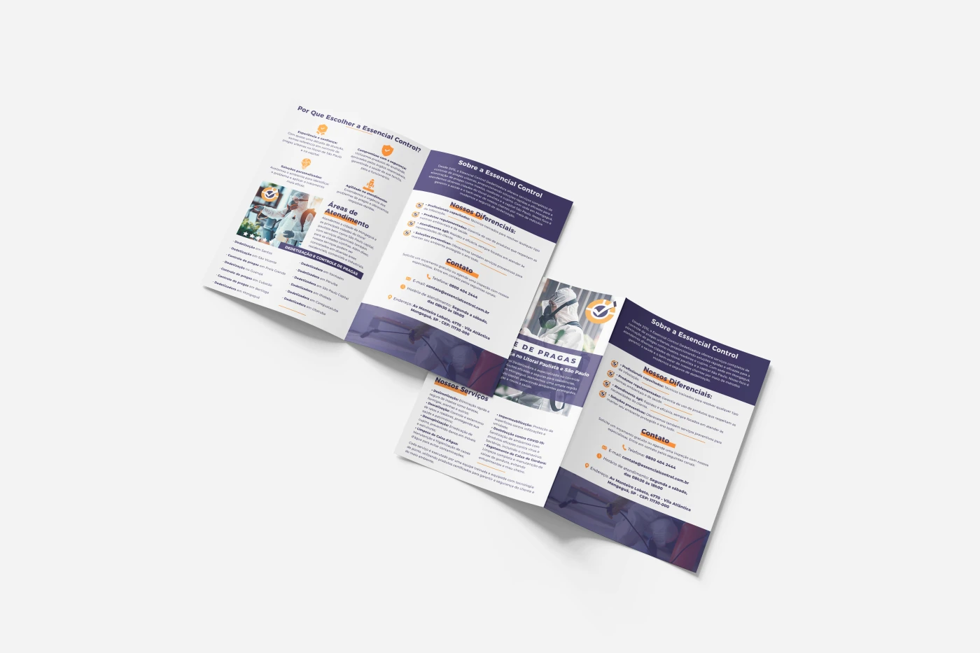 Mockup de portfólio empresarial aberto da Essencial Control mostrando serviços de dedetização e diferenciais da empresa.