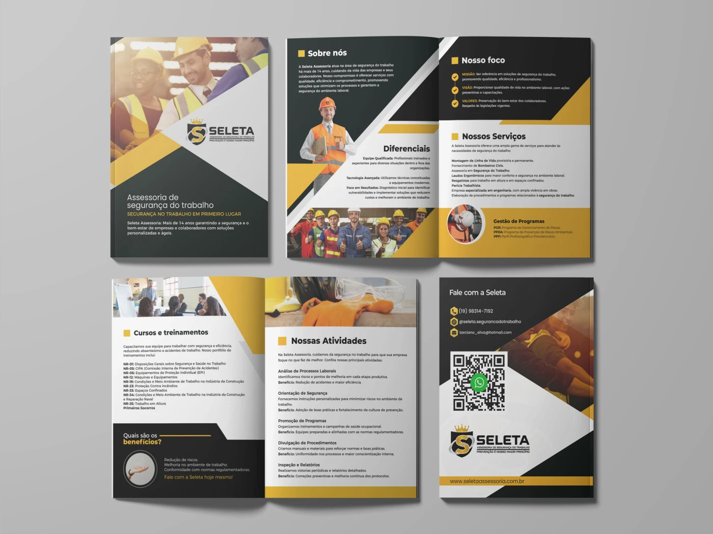 Mockup do portfólio empresarial da Seleta Assessoria com design em tons de amarelo e preto destacando serviços de segurança do trabalho.