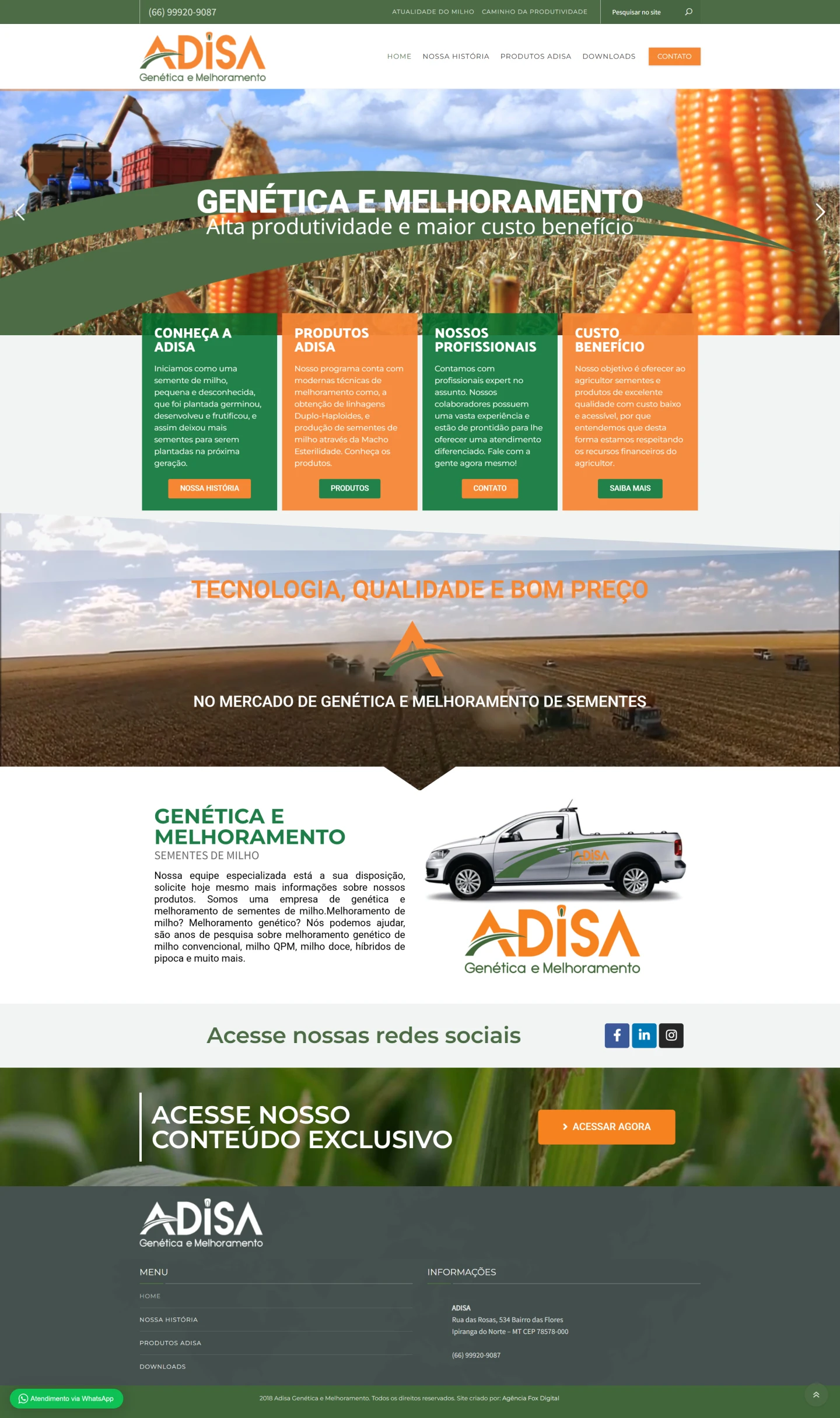 Interface do site profissional da Adisa Genética mostrando campos de sementes e design moderno em tons de verde.