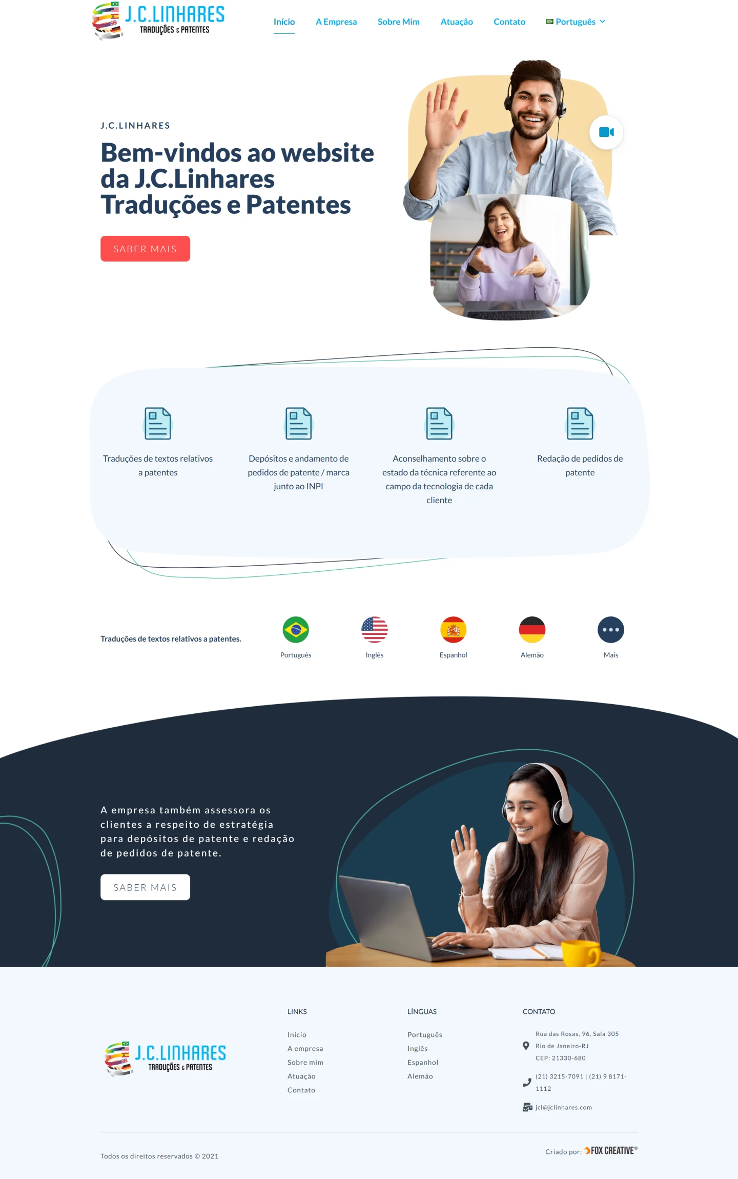 nterface do site J.C. Linhares Traduções e Patentes com design limpo, ícones de serviços e layout responsivo.