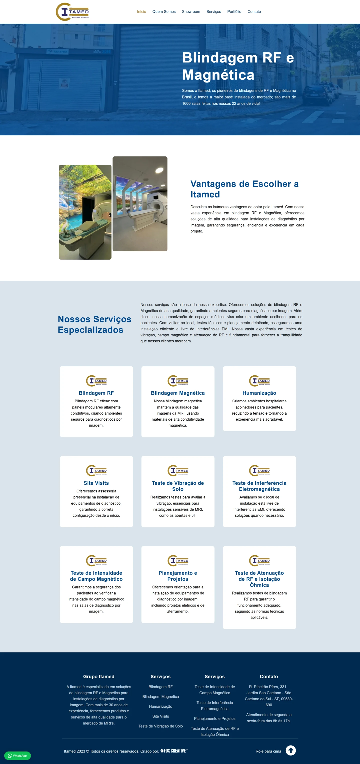Interface do site da Itamed focado em soluções de blindagem RF e Magnética com design moderno e responsivo.