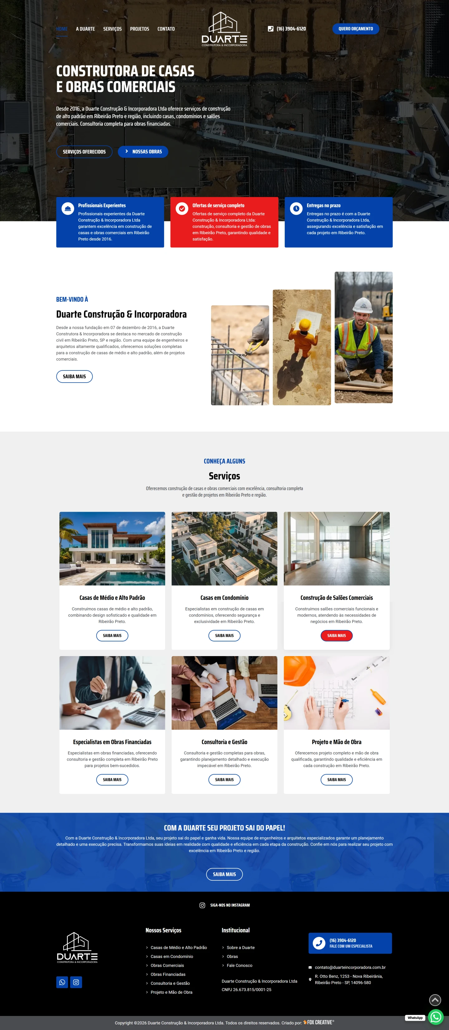 Interface do site da Duarte Incorporadora com destaque para empreendimentos e layout responsivo para construtoras.
