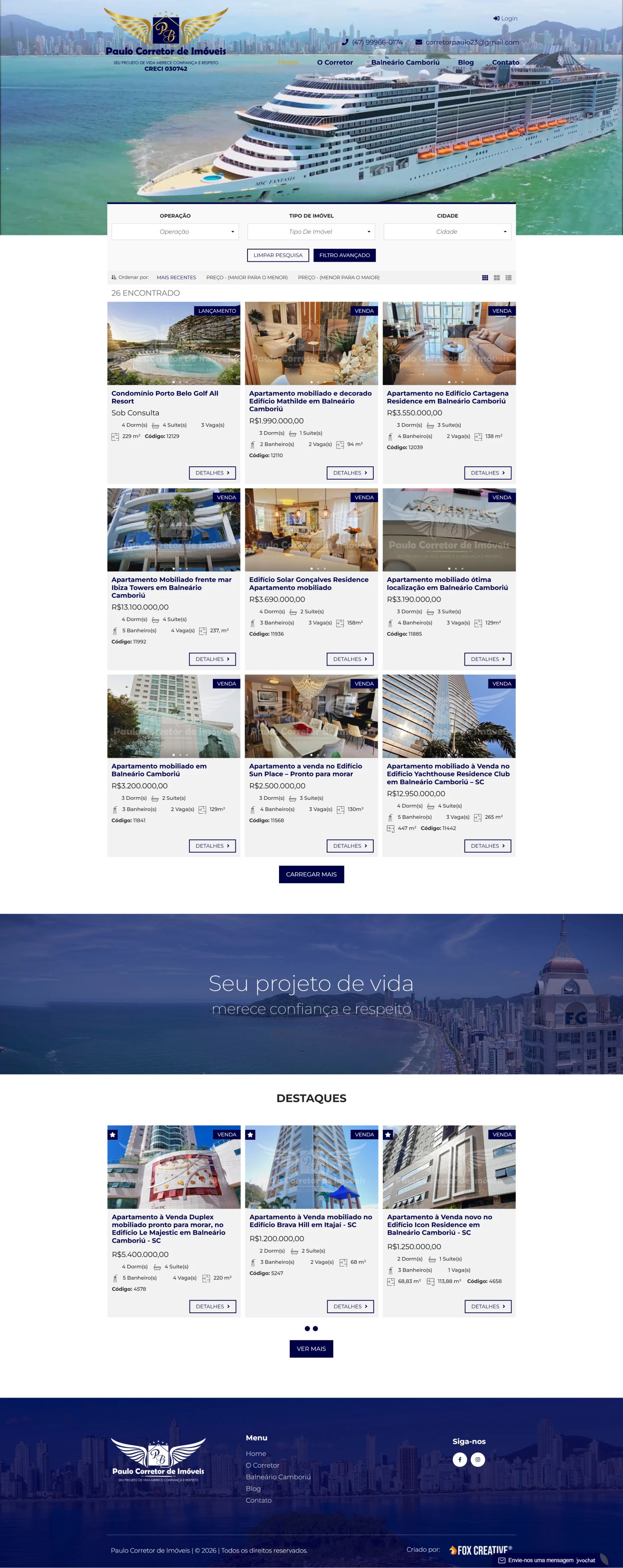 Interface do site profissional para Paulo Corretor de Imóveis com design limpo e responsivo.