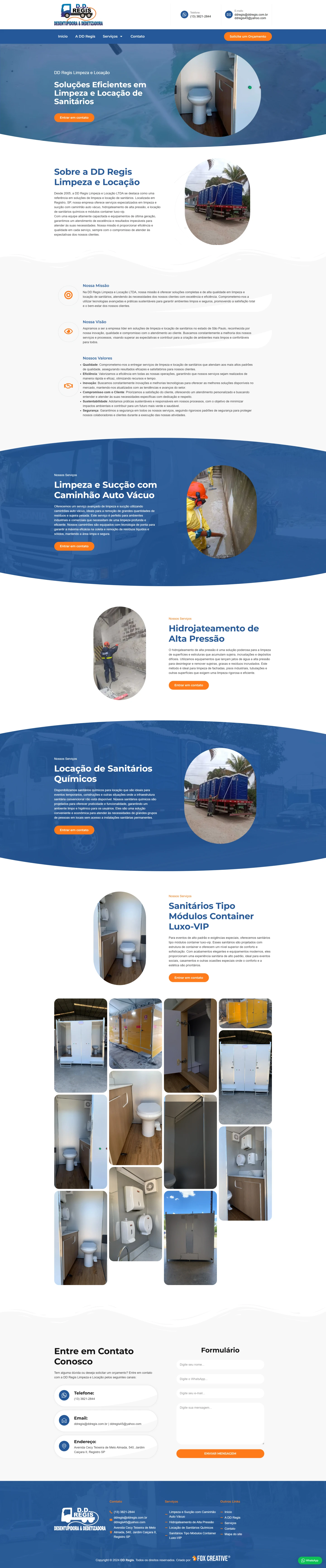 Screenshot do site institucional da DD Régis mostrando serviços de dedetização e desentupimento com design responsivo.