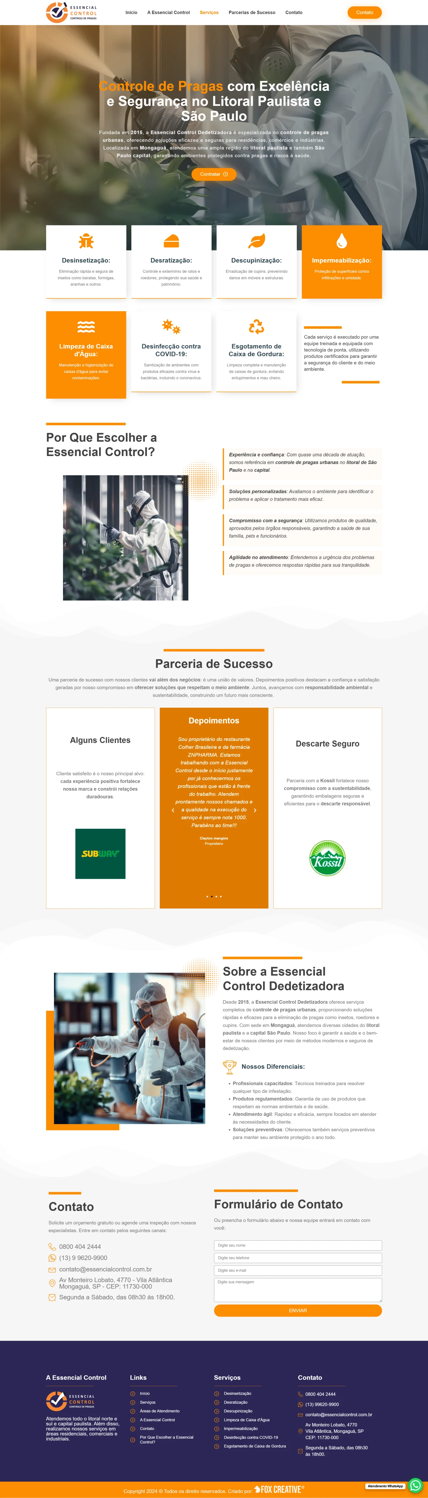 Interface do site profissional da Essencial Control focado em serviços de dedetização e controle de pragas urbanas.
