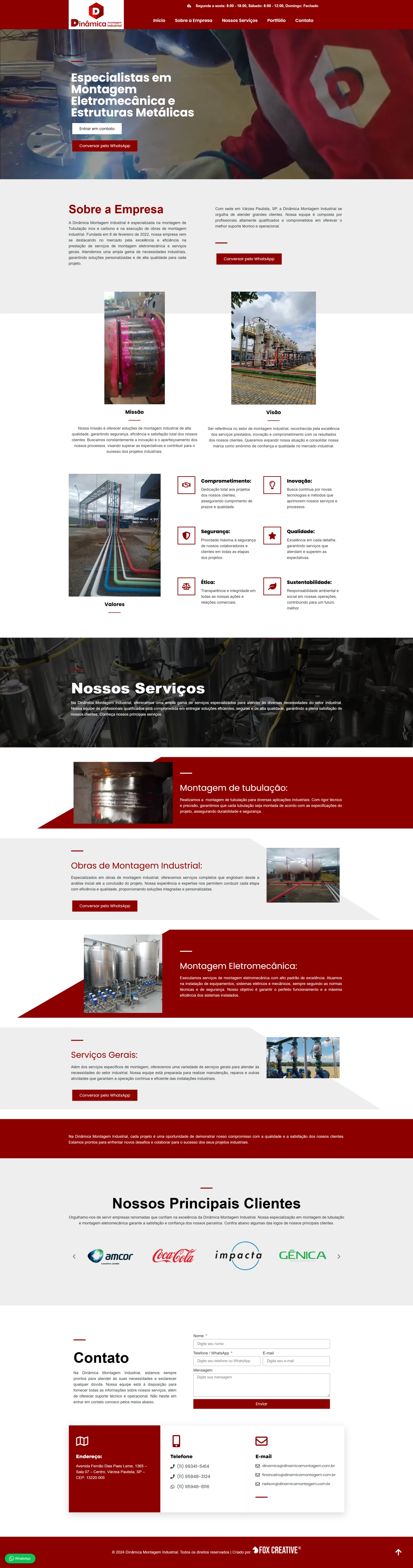 Interface do site da Dinâmica Montagem exibindo serviços de montagem eletromecânica industrial com layout responsivo.