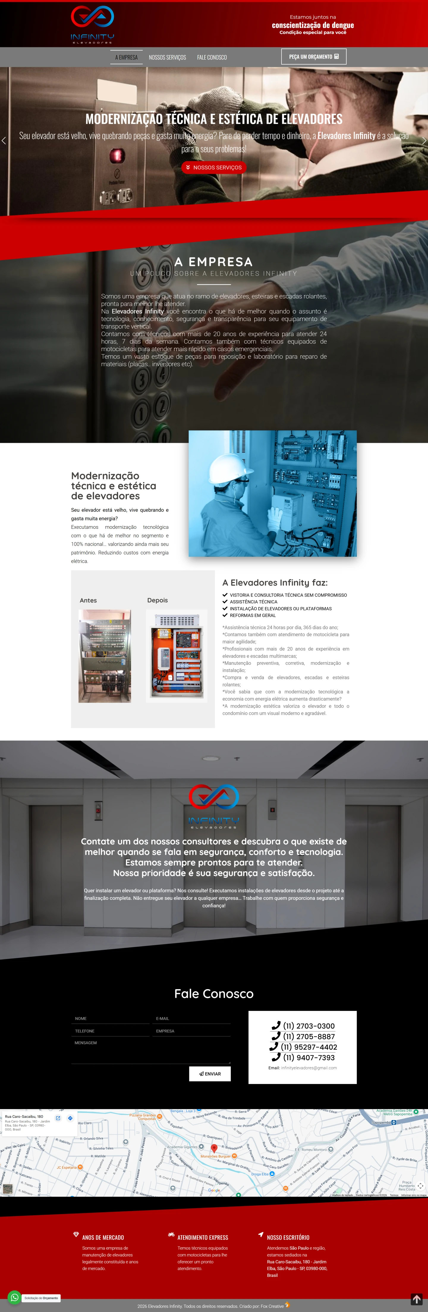 Interface do site da Elevadores Infinity mostrando design moderno e responsivo em diferentes dispositivos.