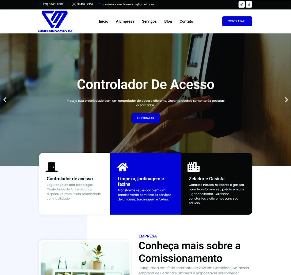 Interface do site Comissionamento mostrando serviços de portaria e limpeza com design responsivo e moderno.