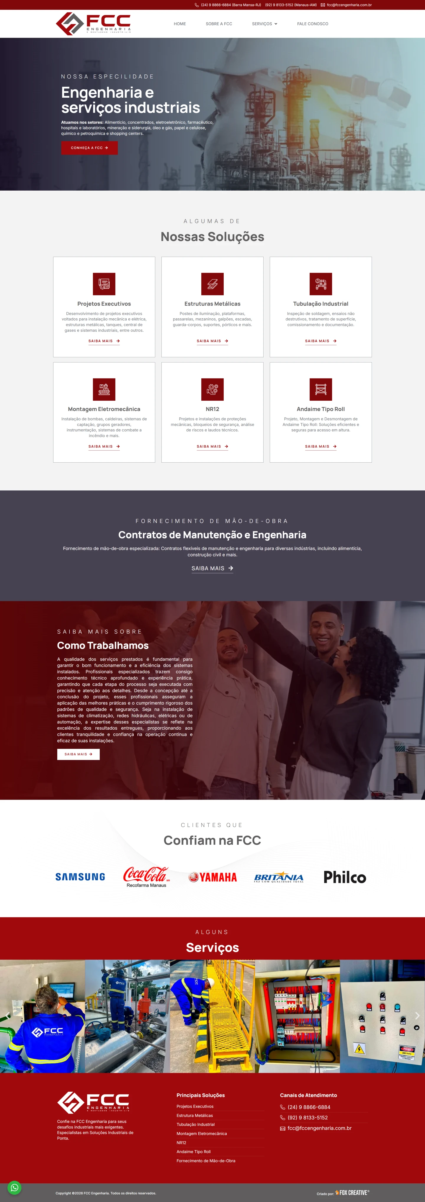 Interface do site da FCC Engenharia com foco em serviços industriais e design corporativo moderno.