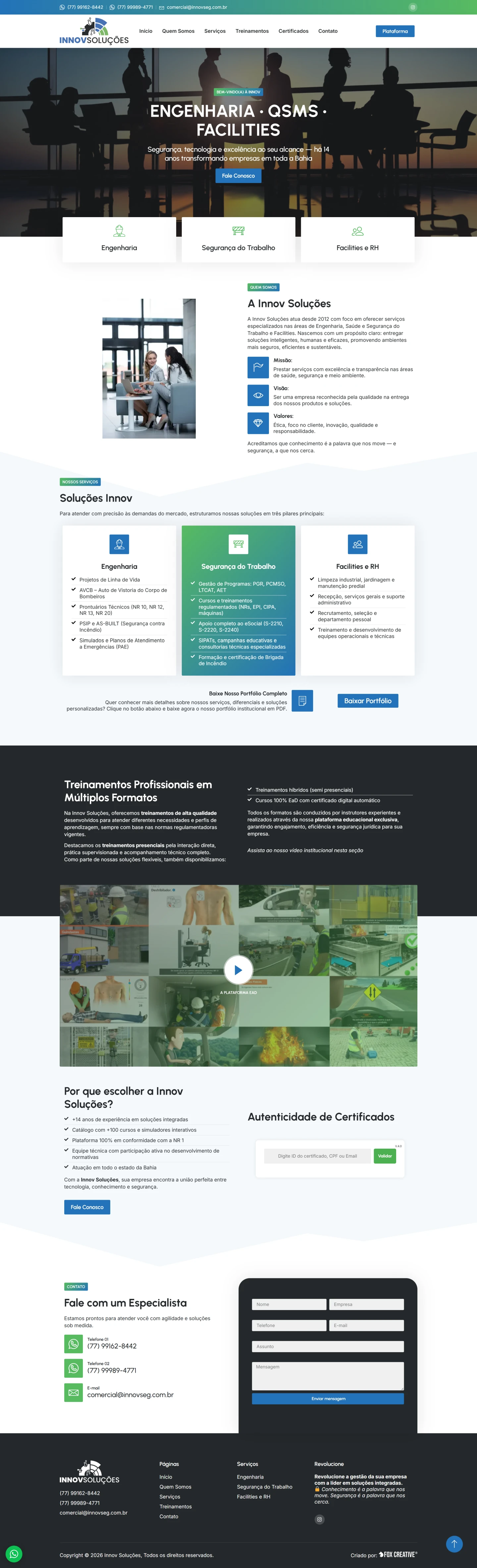 Interface do site profissional da Innovseg com foco em serviços de Engenharia e Segurança do Trabalho.