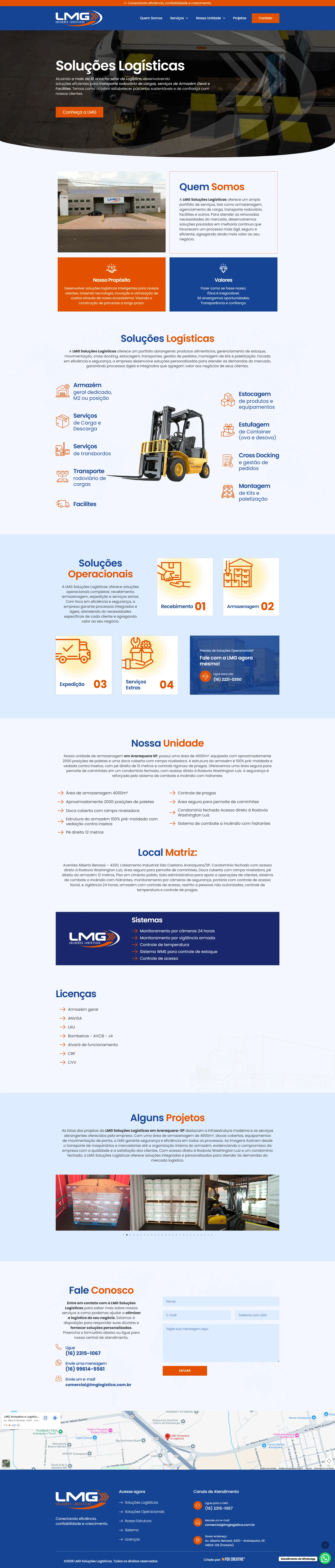 Interface do site da LMG Logística exibindo layout responsivo e serviços de transporte em desktop e smartphone.