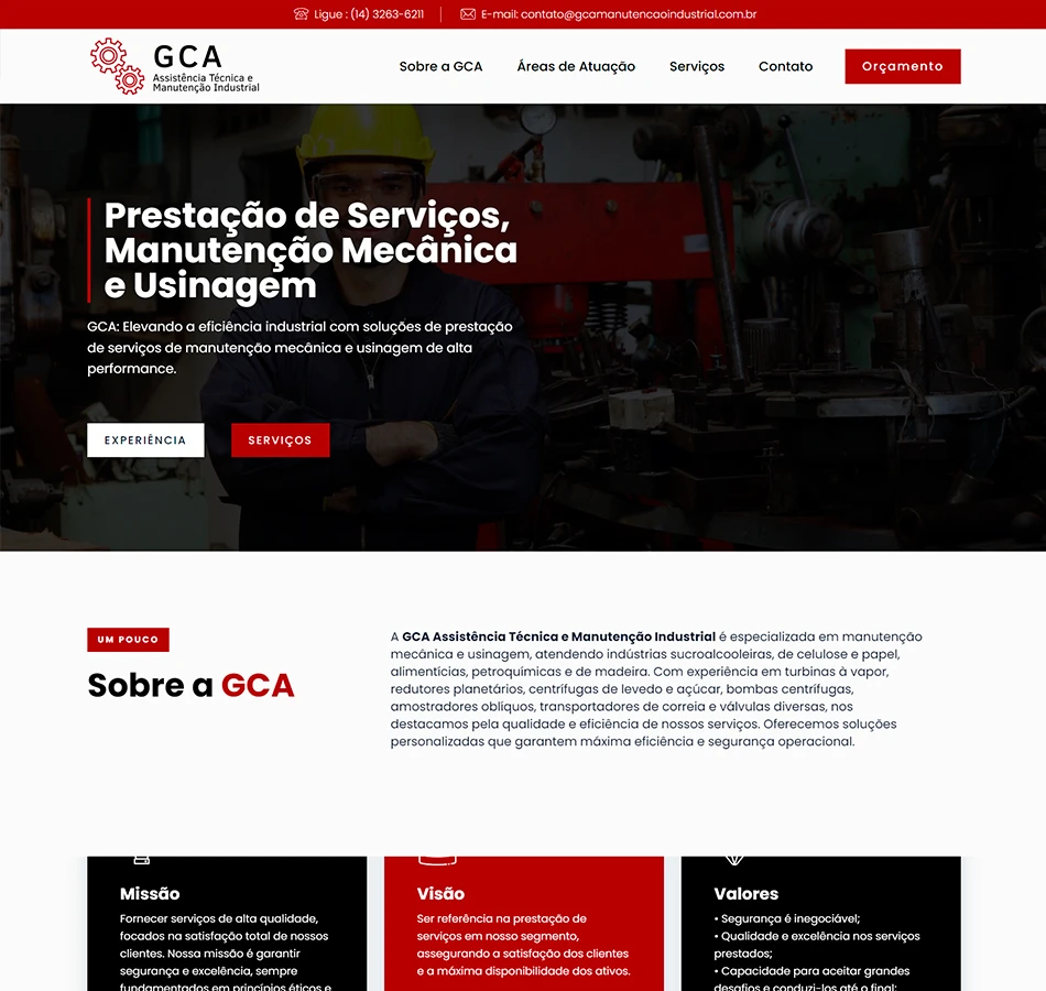 Interface do site da GCA Manutenção Industrial focado em usinagem e serviços mecânicos.