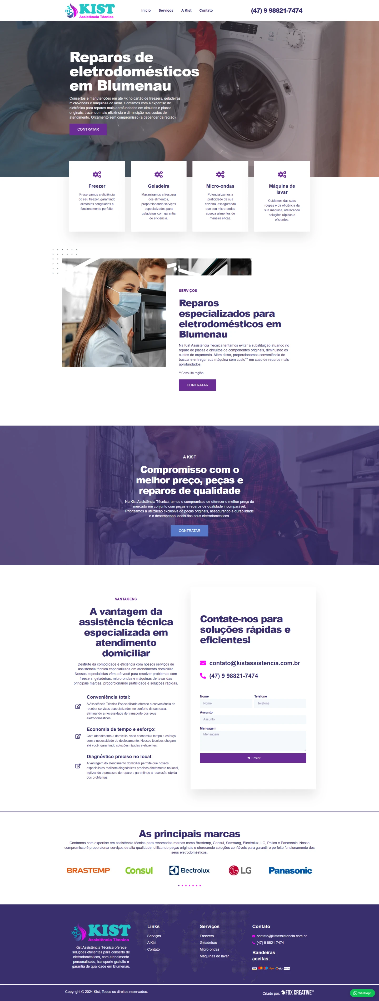 Layout de site profissional para empresa de assistência técnica de eletrodomésticos em Blumenau, com design moderno e foco em conversão.